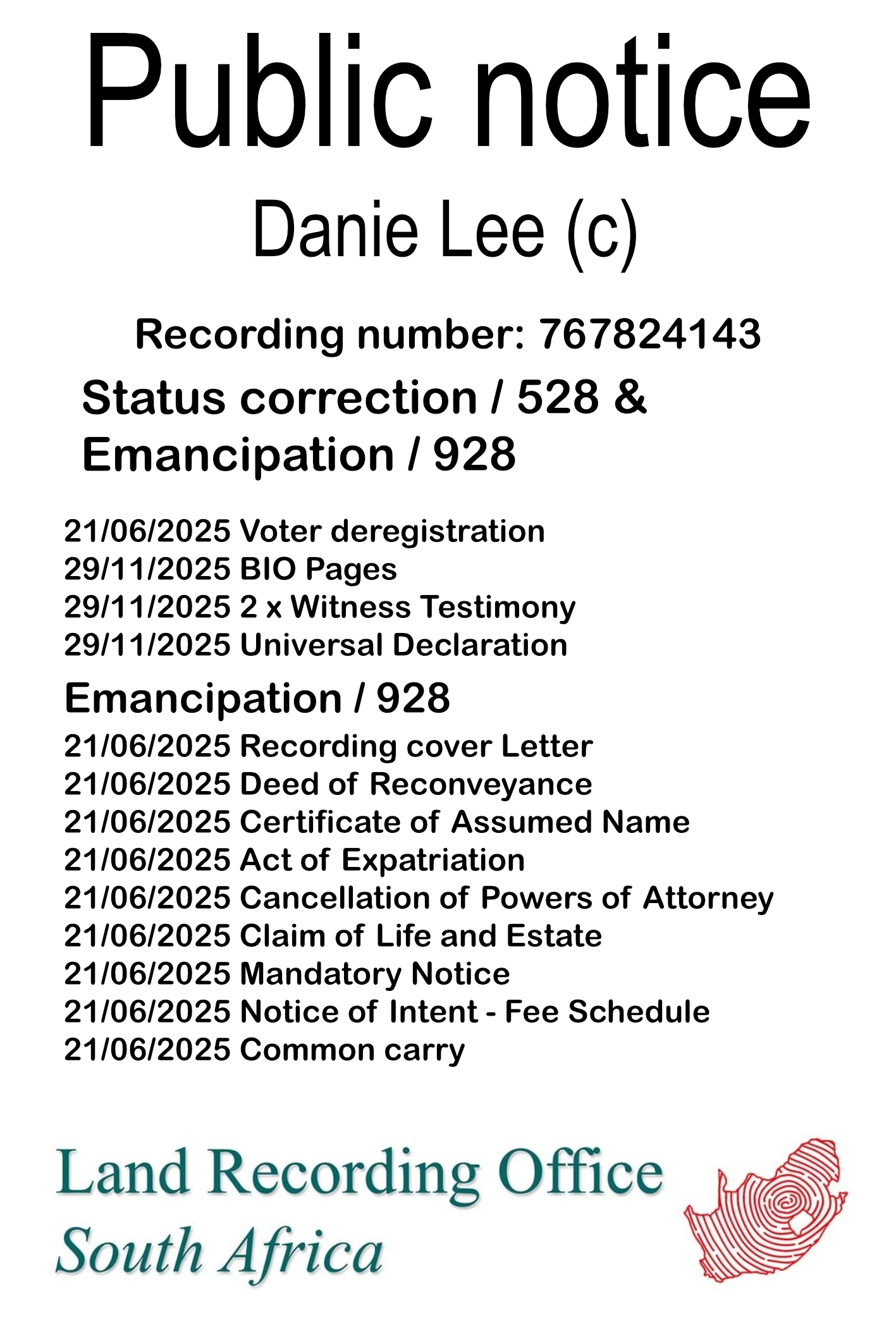 Public notice Danie Lee (c) Recording number 767824143